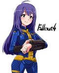  1girl ahoge aqua_eyes bodysuit crossover fallout fallout_4 highres idolmaster idolmaster_million_live! long_hair mochizuki_anna nagami_tami pip_boy purple_hair sketch smile sole_survivor_(female) 