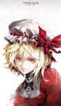  1girl adapted_costume alternate_costume blonde_hair character_name flandre_scarlet hare_(yamihuji) hat hat_ribbon lips looking_at_viewer mob_cap no_wings portrait red_eyes ribbon side_ponytail solo touhou white_background 