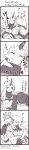  &gt;_&lt; 4koma :d anger_vein angry breast_press breast_rest breasts claws closed_eyes collar comic commentary_request detached_sleeves fang flat_chest height_difference highres horns huge_breasts kantai_collection ko-on_(ningen_zoo) long_hair long_image monochrome open_mouth ribbed_sweater ryuujou_(kantai_collection) seaport_hime shinkaisei-kan size_difference skirt smile sweatdrop sweater tall_image translation_request tripping twintails visor_cap xd 