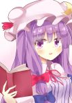  1girl aki_chimaki bangs blunt_bangs book bow hair_bow hat highres long_hair mob_cap patchouli_knowledge purple_hair touhou violet_eyes 