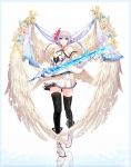 1girl :d angel_wings bare_shoulders black_legwear blue_eyes breasts chain cleavage flower hair_ornament jewelry looking_at_viewer open_mouth original pleated_skirt rose short_hair_with_long_locks silver_hair skirt smile solo sword thigh-highs wada_masanori weapon white_skirt white_wings wings 
