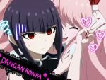  2girls alternate_hairstyle bangs black_hair blush celestia_ludenberck closed_eyes copyright_name dangan_ronpa dangan_ronpa_1 enoshima_junko fingernails gym_uniform heart hug hug_from_behind kumax5 long_fingernails long_hair multiple_girls nail_polish official_style open_mouth pink_hair red_eyes red_nails short_hair smile sweatdrop twintails v very_long_hair yuri 