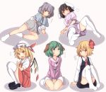  5girls animal_ears between_legs black_hair blonde_hair bow capelet dog_ears flandre_scarlet green_eyes green_hair grey_hair hand_between_legs hat hat_bow heart inaba_tewi kasodani_kyouko mob_cap mouse_ears multiple_girls nazrin oimo_(imoyoukan) open_mouth rabbit_ears red_eyes rumia sitting thigh-highs touhou wariza white_legwear 