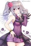  1girl angel_wings bare_shoulders dress drill_hair flower hair_flower hair_ornament highres idolmaster idolmaster_cinderella_girls kanzaki_ranko kurifuto long_hair looking_at_viewer red_eyes rosenburg_engel silver_hair smile solo twin_drills twintails wings 