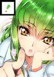  1girl :o arm_support bangs c.c. close-up code_geass collared_shirt creayus dress_shirt face fingernails green_hair hand_on_own_cheek head_rest head_tilt long_fingernails long_sleeves looking_at_viewer lying on_stomach pointing pointing_at_viewer shirt simple_background solo tsurime underwear white_background white_shirt yellow_eyes 