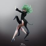  1girl 3d absurdres artist_name ass black_dress black_footwear curly_hair dress floating from_side full_body glowing glowing_hand green_eyes green_hair high_heels highres leslyzerosix long_sleeves one-punch_man open_hands outstretched_arms skin_tight solo tatsumaki thighs watermark 