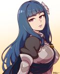  1girl akairiot arm_guards artist_name bangs beige_background belt between_breasts blue_hair blunt_bangs breastplate breasts buckle cape expressionless fire_emblem fire_emblem_if flower gradient gradient_background hair_flower hair_ornament highres long_hair looking_at_viewer mole mole_under_mouth my_unit_(fire_emblem_if) puffy_short_sleeves puffy_sleeves red_eyes short_sleeves simple_background solo tsurime upper_body very_long_hair 