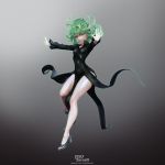  1girl 3d absurdres artist_name black_dress black_footwear curly_hair dress floating full_body glowing glowing_hand green_eyes green_hair high_heels highres leslyzerosix long_sleeves looking_at_viewer one-punch_man open_hands outstretched_arms skin_tight solo tatsumaki thighs watermark 
