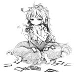  1girl adjusting_hair blush crossed_legs frown fujiwara_no_mokou harusame_(unmei_no_ikasumi) long_hair messy_hair monochrome sitting solo squiggle suspenders sweat torn_clothes touhou 