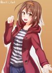  1girl anti_(untea9) blush brown_eyes brown_hair casual commentary_request hairband highres jacket kantai_collection looking_at_viewer open_clothes open_jacket open_mouth shiratsuyu_(kantai_collection) short_hair smile solo twitter_username 