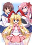  3girls amae_koromo animal_ears blonde_hair blue_eyes blush bow breasts brown_hair hair_bow hairband haramura_nodoka large_breasts long_hair looking_at_viewer miyanaga_saki multiple_girls open_mouth pink_hair rabbit_ears red_eyes ribbon saki school_uniform serafuku shinjou_satomi short_hair skirt smile thigh-highs twintails 