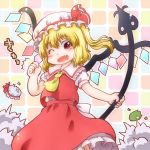  1girl ;d blonde_hair clenched_hand explosion fang flandre_scarlet frilled_skirt frills laevatein matty_(zuwzi) one_eye_closed open_mouth red_eyes shirt short_hair skirt smile touhou vest wings 