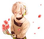  1boy facial_mark flower from_above headphones highres holding holding_flower kagerou_project konoha_(kagerou_project) male_focus petals red_eyes solo upper_body white_hair yokoyama_himena 