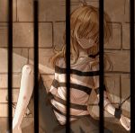  1girl barefoot black_shorts blonde_hair blurry bow braid chain chained collarbone depth_of_field faceless flat_chest hair_bow hair_over_eyes head_tilt kirisame_marisa leaning_back legs light light_particles light_rays long_hair meng_ziya no_mouth prison prison_cell prison_clothes scratches shaded_face shadow shorts single_braid sitting sleeves_rolled_up solo spread_legs stone_wall touhou wall 