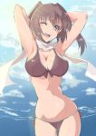  1girl ;d armpits arms_up blush breasts brown_bikini brown_eyes brown_hair cleavage elbow_gloves gloves groin kantai_collection looking_at_viewer one_eye_closed open_mouth remodel_(kantai_collection) saisarisu scarf sendai_(kantai_collection) short_hair smile solo swimsuit two_side_up white_scarf 