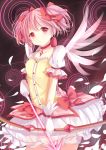  1girl bow_(weapon) bubble_skirt choker gloves kaname_madoka kneehighs looking_at_viewer magical_girl mahou_shoujo_madoka_magica pink_eyes pink_hair short_twintails skirt solo twintails vebonbon weapon white_gloves white_legwear wings 