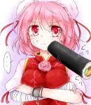  1girl anger_vein bandaged_arm crossed_arms double_bun food ibaraki_kasen makizushi motion_lines neko_mata pink_hair short_hair sushi tabard touhou 