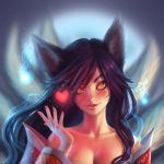  1girl ahri animal_ears bare_shoulders black_hair blue_background breasts cleavage collarbone detached_sleeves eyebrows eyeliner facial_mark fingernails fox_ears fox_tail glowing glowing_eyes gradient gradient_background grey_background head_tilt heart hitodama korean_clothes league_of_legends lips lipstick long_hair looking_at_viewer makeup multiple_tails nose parted_lips portrait red_pupils smile solo tail whisker_markings xpehacbka yellow_eyes 