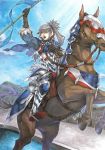  1boy alternate_costume armor armored_boots boots fire_emblem fire_emblem_cipher fire_emblem_if grey_hair horse lance long_hair official_art open_mouth orange_eyes polearm ponytail sky solo takumi_(fire_emblem_if) weapon 