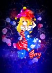  1girl :p blonde_hair clownpiece hat highres jester_cap long_hair looking_at_viewer minamisawa short_sleeves smile sparkle thigh-highs tongue tongue_out torch touhou 
