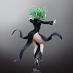  1girl 3d absurdres artist_name ass black_dress black_footwear curly_hair dress floating from_behind full_body glowing glowing_hand green_hair high_heels highres leslyzerosix long_sleeves one-punch_man open_hands outstretched_arms skin_tight solo tatsumaki thighs watermark 