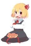  1girl aoi_(annbi) blonde_hair blush chocolate chocolate_heart eating hair_ribbon heart highres long_sleeves looking_at_viewer open_mouth red_eyes ribbon rumia shirt sitting skirt skirt_set solo touhou valentine vest 