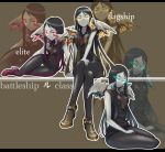  3girls black_hair blue_eyes character_name commentary_request crossed_legs kantai_collection long_hair looking_at_viewer ma2da multicolored_hair multiple_girls pants red_eyes ru-class_battleship shinkaisei-kan sitting sleeveless smile two-tone_hair wings yellow_eyes 