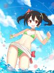  atg_(wttoo0202) bangs bikini black_hair earrings from_below green_bikini hair_ribbon jewelry looking_at_viewer love_live!_school_idol_project open_mouth outdoors red_eyes red_ribbon ribbon sarong small_breasts smile solo striped striped_bikini swimsuit teeth twintails wading water yazawa_nico 