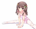  1girl aoi_kumiko arm_support ballerina ballet ballet_slippers bare_shoulders blush brown_eyes brown_hair commentary_request flat_chest hair_ribbon leotard long_hair looking_at_viewer open_mouth original pantyhose ribbon sitting solo spread_legs twintails white_legwear 