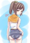  1girl brown_eyes brown_hair from_behind highres i-401_(kantai_collection) icedoll kantai_collection looking_back ponytail sailor_collar school_swimsuit short_hair swimsuit 
