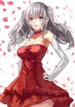  1girl blue_eyes blush breasts choker dress elbow_gloves gloves hand_on_hip highres kantai_collection kashima_(kantai_collection) petals red_dress silver_hair sketch solo wenhe 