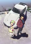  1boy 1girl absurdres android arms_behind_back beard black_hair blush car dimension_w dress facial_hair green_eyes green_hair hands_in_pockets headgear highres jacket japanese_clothes looking_at_viewer mabuchi_kyoma motor_vehicle multicolored_hair official_art outdoors ponytail short_hair sideburns smile streaked_hair tail toyota toyota_2000gt two-tone_hair vehicle weeds white_legwear yurizaki_mira 