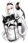  1girl air_defense_hime artist_name black_gloves breasts cleavage commentary_request cowboy_shot gloves hair_ribbon hips horns kantai_collection ko-on_(ningen_zoo) monochrome navel pout red_eyes revealing_clothes ribbon shinkaisei-kan suspenders twitter_username under_boob white_hair white_skin 