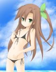  1girl bikini black_bikini bow brown_hair green_eyes hair_bow hair_ornament highres if_(choujigen_game_neptune) long_hair looking_at_viewer micro_bikini neptune_(series) ocean ribbon side-tie_bikini sky small_breasts smile solo swimsuit tapioka_(coconuts) 