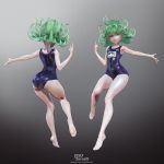  1girl 3d absurdres artist_name ass barefoot curly_hair feet floating from_behind full_body green_eyes green_hair highres leslyzerosix navel one-punch_man open_hand outstretched_arm pointing pointing_up school_swimsuit skin_tight solo swimsuit tatsumaki thighs watermark 