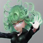  1girl 3d black_dress close-up curly_hair dress face foreshortening glowing glowing_hand green_eyes green_hair hands leslyzerosix long_sleeves looking_at_viewer one-punch_man open_hand outstretched_arms solo tatsumaki telekinesis upper_body 