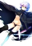  1girl assassin_of_black bei_mochi black_boots blade boots cape dual_wielding expressionless fate/grand_order fate_(series) highres hips navel perspective reverse_grip short_hair silver_hair simple_background small_breasts solo stomach tagme thigh-highs thigh_boots thighs white_background yellow_eyes 