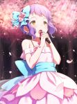  1girl bare_shoulders blush cherry_blossoms earrings flower hair_flower hair_ornament idolmaster idolmaster_million_live! jewelry makabe_mizuki microphone mimizubare necklace open_mouth petals purple_hair short_hair solo tree yellow_eyes 