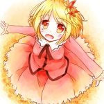  1girl :d aki_shizuha blonde_hair jacket neko_mata open_mouth outstretched_arms red_eyes short_hair skirt smile spread_arms touhou 