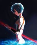  1girl ayanami_rei blood bloody_clothes blue_hair bodysuit from_side hair_ornament highres impaled looking_down neon_genesis_evangelion orange_eyes partially_submerged plugsuit short_hair solo water_drop yokoyama_himena 