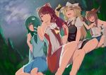  4girls :d bare_shoulders barefoot blush bow comet drunk falling_star frog_hair_ornament grass hair_bow hair_ornament hair_ribbon hakurei_reimu hat hat_bow hat_ribbon ibuki_suika kirisame_marisa kochiya_sanae long_hair looking_at_viewer multiple_girls open_mouth ribbon saisarisu sitting sky smile snake_hair_ornament star_(sky) starry_sky tanabata touhou 