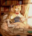  2girls alice_margatroid blonde_hair book bookshelf capelet cover cup curtains day holding_cup indoors kirisame_marisa long_hair looking_at_another looking_down meng_ziya multiple_girls open_book pillow short_hair sketch sleeping sunlight touhou 