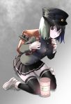  1girl akitsu_maru_(kantai_collection) backpack bag black_eyes black_hair fumako gloves hat kantai_collection lantern peaked_cap randoseru remodel_(kantai_collection) short_hair skirt uniform 