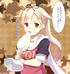  1girl alternate_hairstyle apron blonde_hair catchphrase cream eating eko hair_flaps kantai_collection looking_at_viewer ponytail red_eyes remodel_(kantai_collection) scarf school_uniform serafuku short_sleeves solo star starry_background translated upper_body yuudachi_(kantai_collection) 