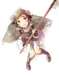  1girl brown_eyes brown_hair flower freckles from_above hair_flower hair_ornament looking_at_viewer mozume_(fire_emblem_if) piano_(agneschen) solo white_background 
