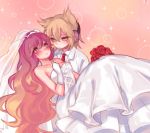  2girls bridal_veil brown_hair dress flower gradient_hair hijiri_byakuren multicolored_hair multiple_girls purple_hair rose sparkle tis_(shan0x0shan) touhou toyosatomimi_no_miko veil wedding wedding_dress wife_and_wife yuri 