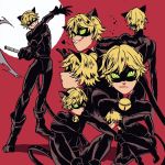 1boy adrien_agreste bell blonde_hair catsuit chat_noir expressions green_sclera heart male male_focus miraculous_ladybug moon red_background simple_background sitting smile yellow_eyes 