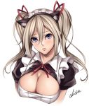  1girl alisa_ilinichina_amiella animal_ears blue_eyes blush breasts cat_ears close-up face god_eater god_eater_burst highres large_breasts long_hair looking_at_viewer silver_hair simple_background solo twintails upper_body watanuki_kaname white_background 