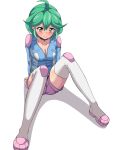  &gt;:( 1girl ahoge arm_support blush breasts brown_eyes choker cleavage collarbone earrings female green_hair jewelry jumpsuit knees_up looking_at_viewer nanashi_maru rin_(yuu-gi-ou_arc-v) short_hair shorts sitting solo thigh-highs white_background white_legwear yuu-gi-ou yuu-gi-ou_arc-v 