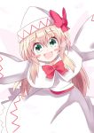  1girl :d aki_chimaki blonde_hair blush_stickers capelet green_eyes hat lily_white long_hair open_mouth outstretched_arms smile spread_arms touhou 